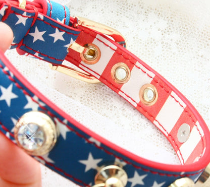 Handmade Patriotic American Flag Pet Collar Small and Medium Dogs Collar Leash