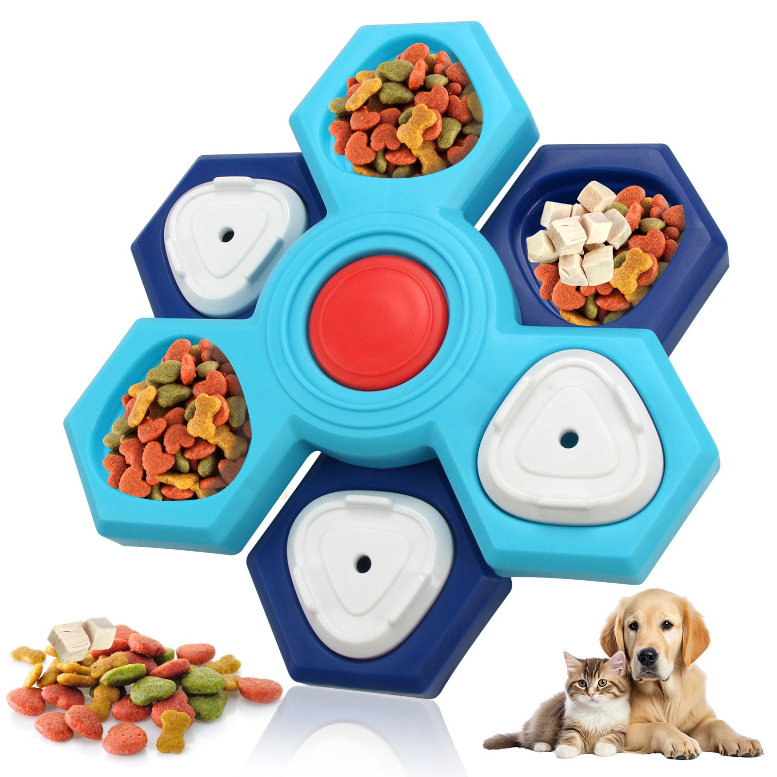 Blue red hexagon pet puzzle feeder toy with white treat caps and dry food pockets