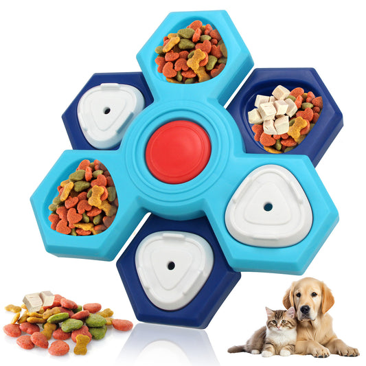 Blue red hexagon pet puzzle feeder toy with white treat caps and dry food pockets