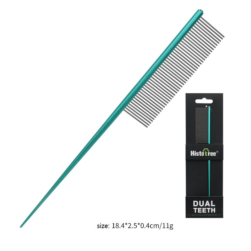 Teal dual teeth pet grooming comb with retail package and stainless steel teeth