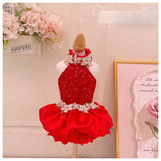 Red Sequin Pearl Dog Dress – Luxury Holiday & Wedding Pet Gown