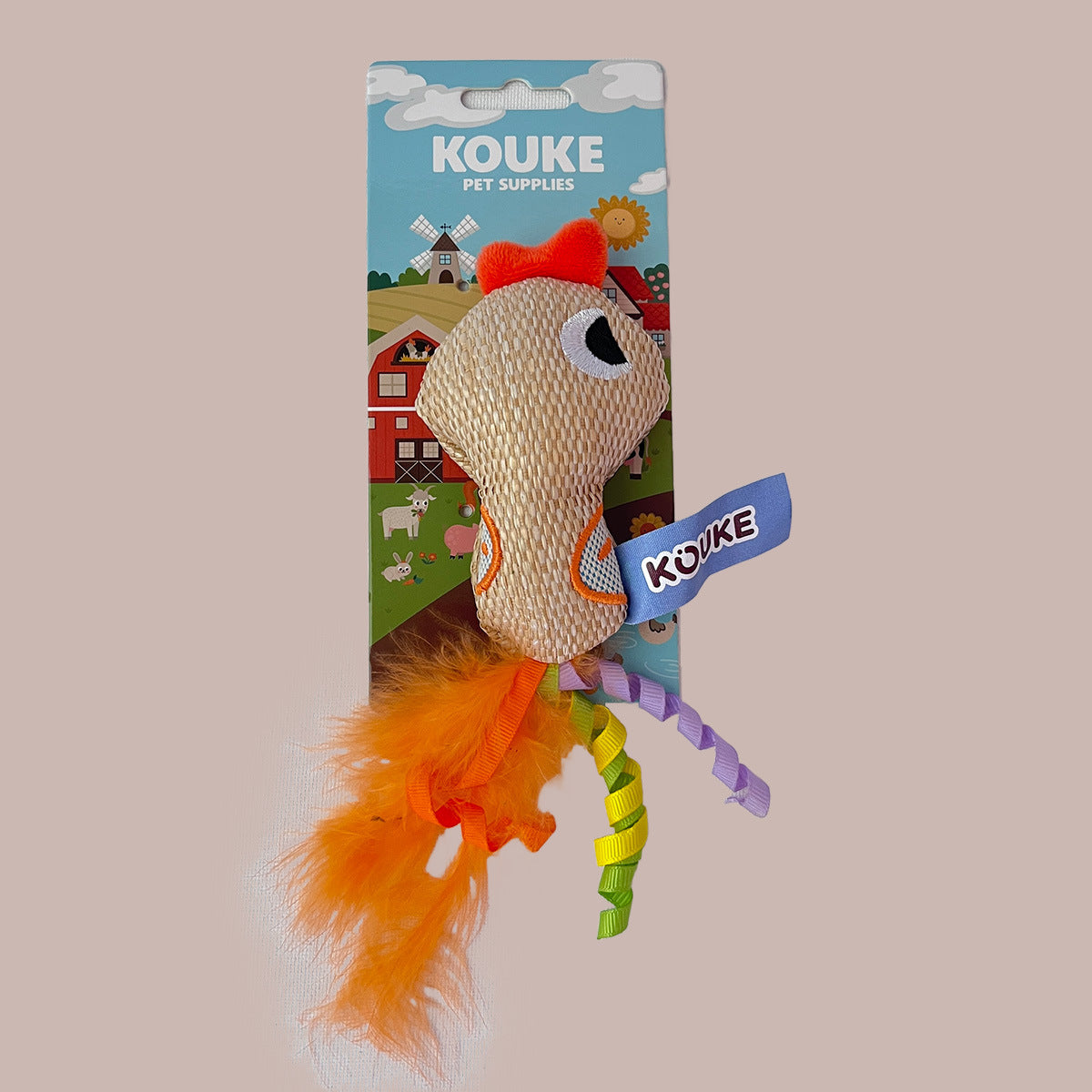 KOUKE woven chicken catnip cat toy with orange feathers and ribbons