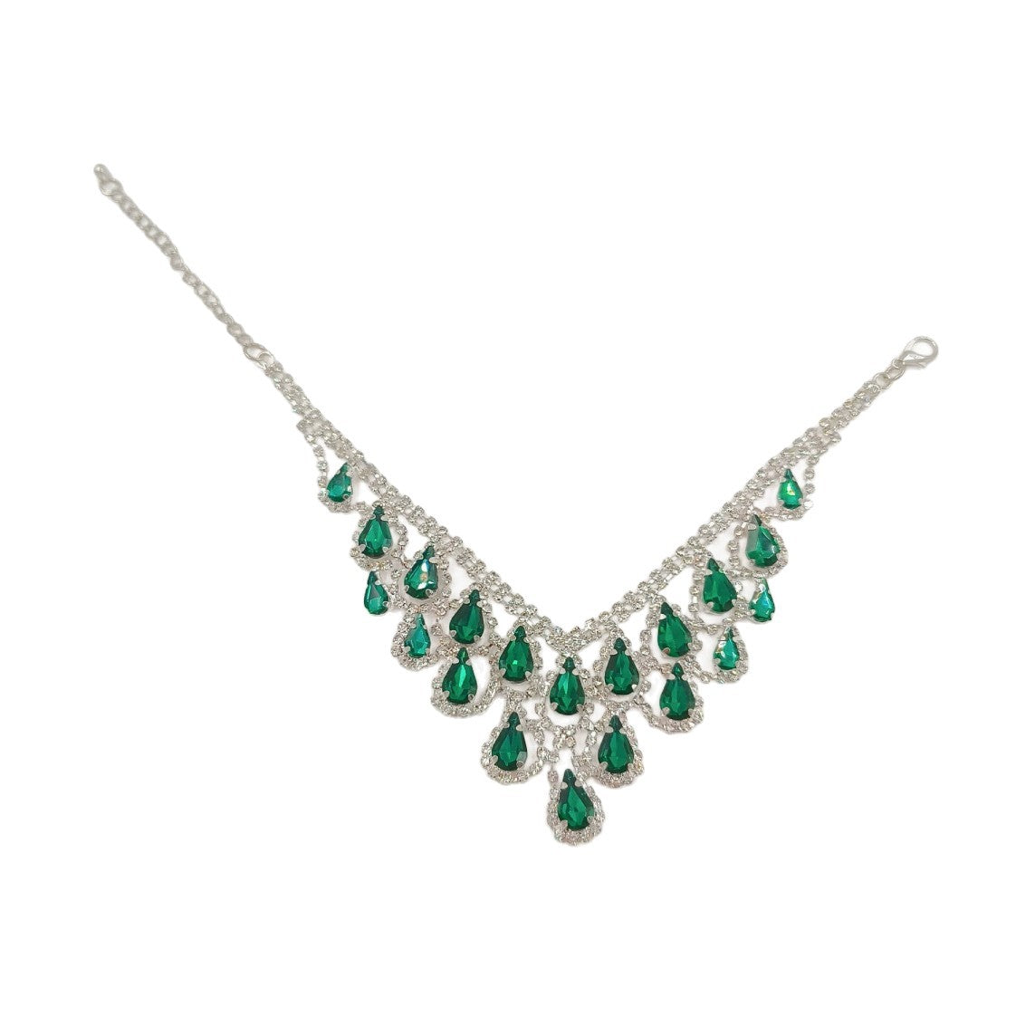 Green pet necklace full view with adjustable chain, clasp, and layered teardrop jewel-style accents
