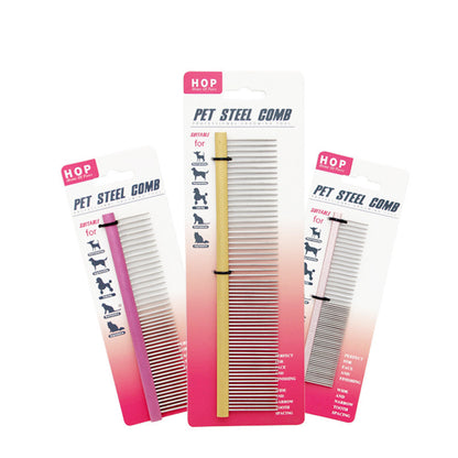 Pink and Gold metal pet combs shown in three lengths on retail cards