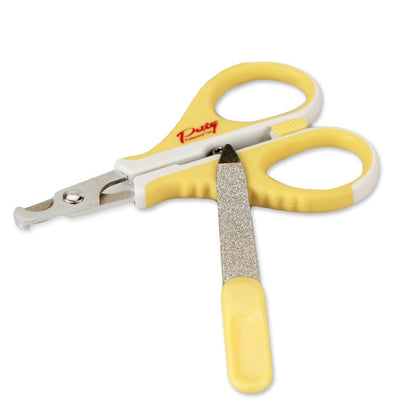 Angled view of yellow pet nail clipper with included metal file