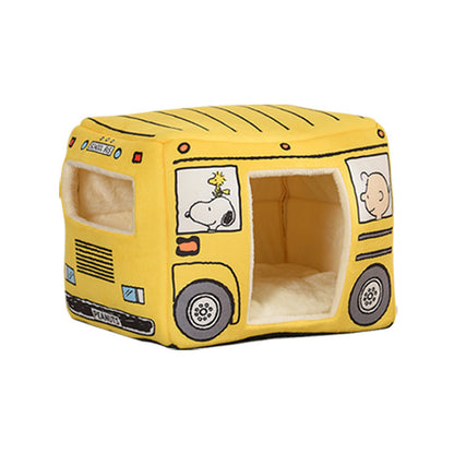 Yellow bus-shaped enclosed pet house with side door and window openings