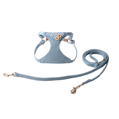 Pet Harness & Leash Set – Denim Plaid Design with Buttons
