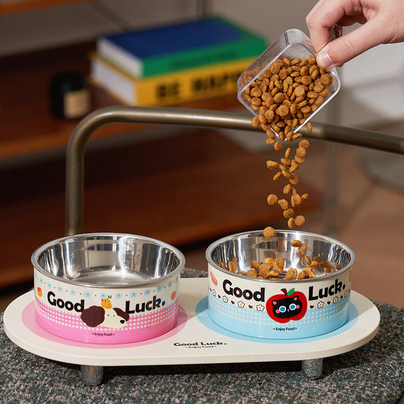 Good Luck raised double pet feeder holding dry food and water