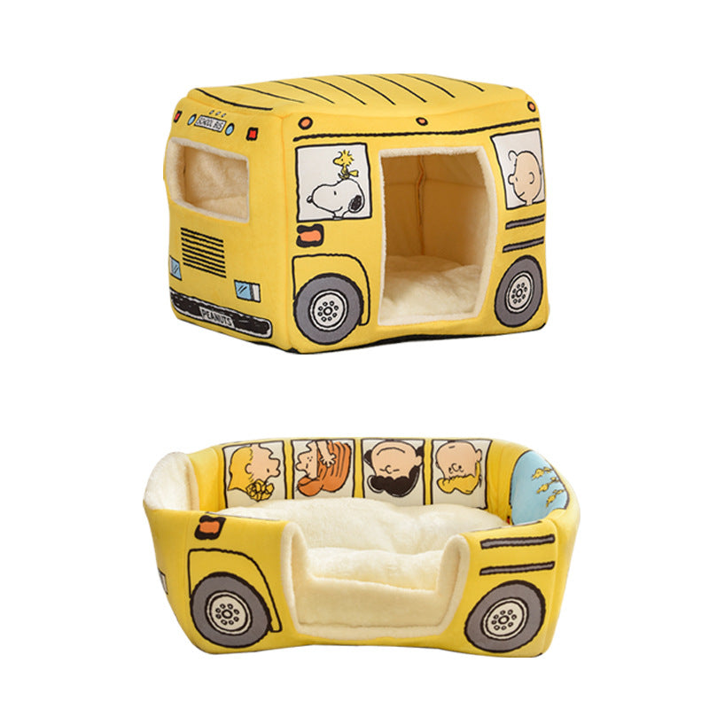 Yellow bus pet house displayed beside its converted open bed form