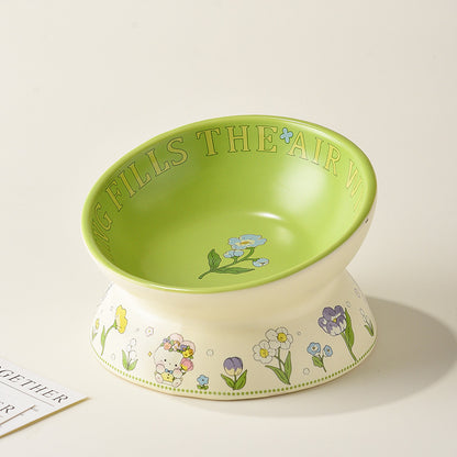 Dog bowl ceramic green white flowers