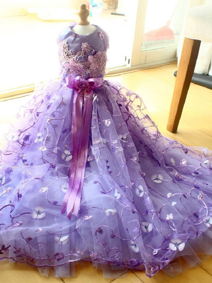 Handmade Luxury Pet Trailing Dress Dogs Cats Floral Embroidered Purple Gown