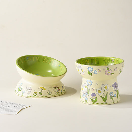 Dog bowl ceramic green white flowers