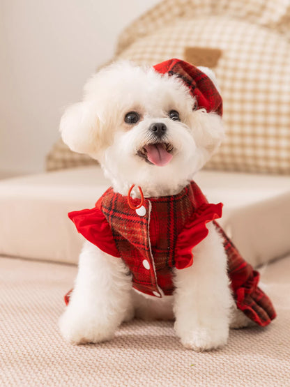 Dog Dress with Hat Warm Red Plaid