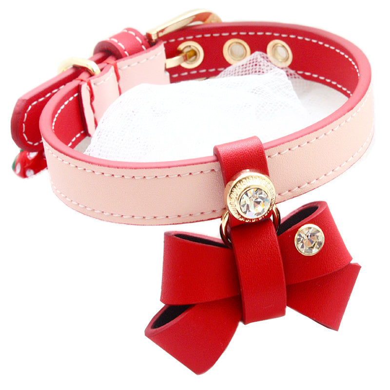 Handmade Red and Pink Bow Calf Leather Dog Collar with Rhinestone for Small Pets