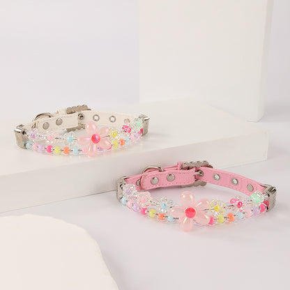 Beaded Flower Dog Collar and Leash Set – Pastel Charm Design