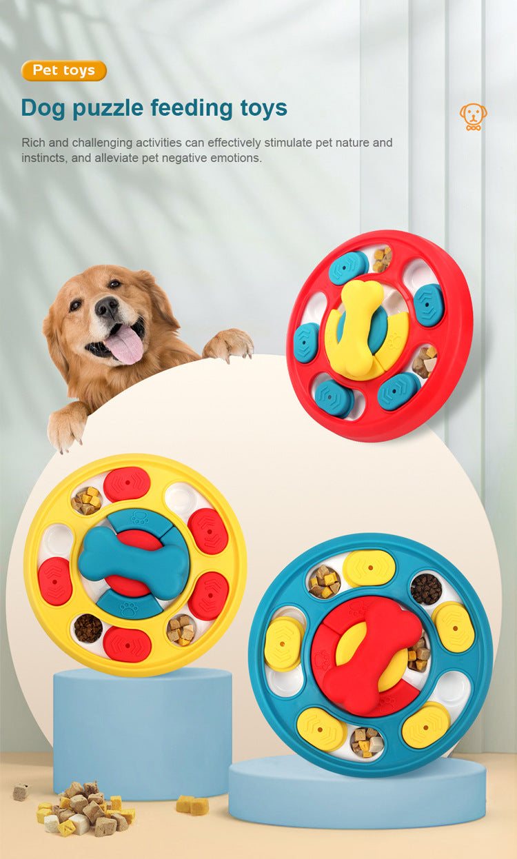 Dog puzzle feeding toys display showing blue red and yellow color options