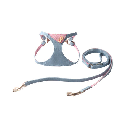 Pet Harness & Leash Set – Denim Plaid Design with Buttons