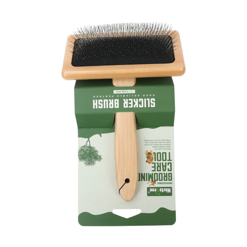 Wood handle pet slicker brush front view with black cushion pad and wire pins