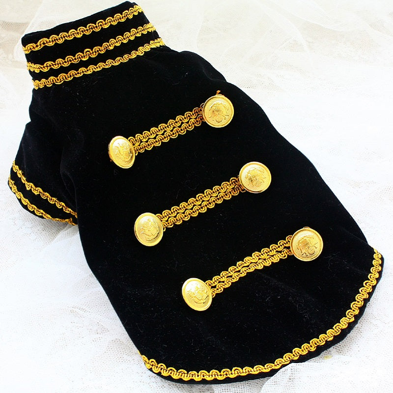 Handcrafted Velvet Dog Outfit with Gold Embroidery Double Breasted Buttons Vintage Pet Jacket