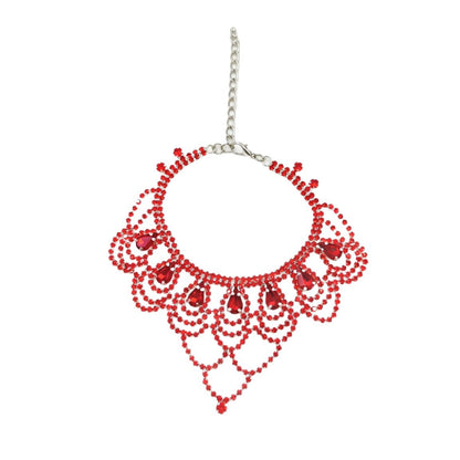 Red pet necklace full view with adjustable chain, clasp, teardrop accents, and scalloped design