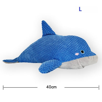 Large blue dolphin plush dog toy with gray belly shown at 40 cm