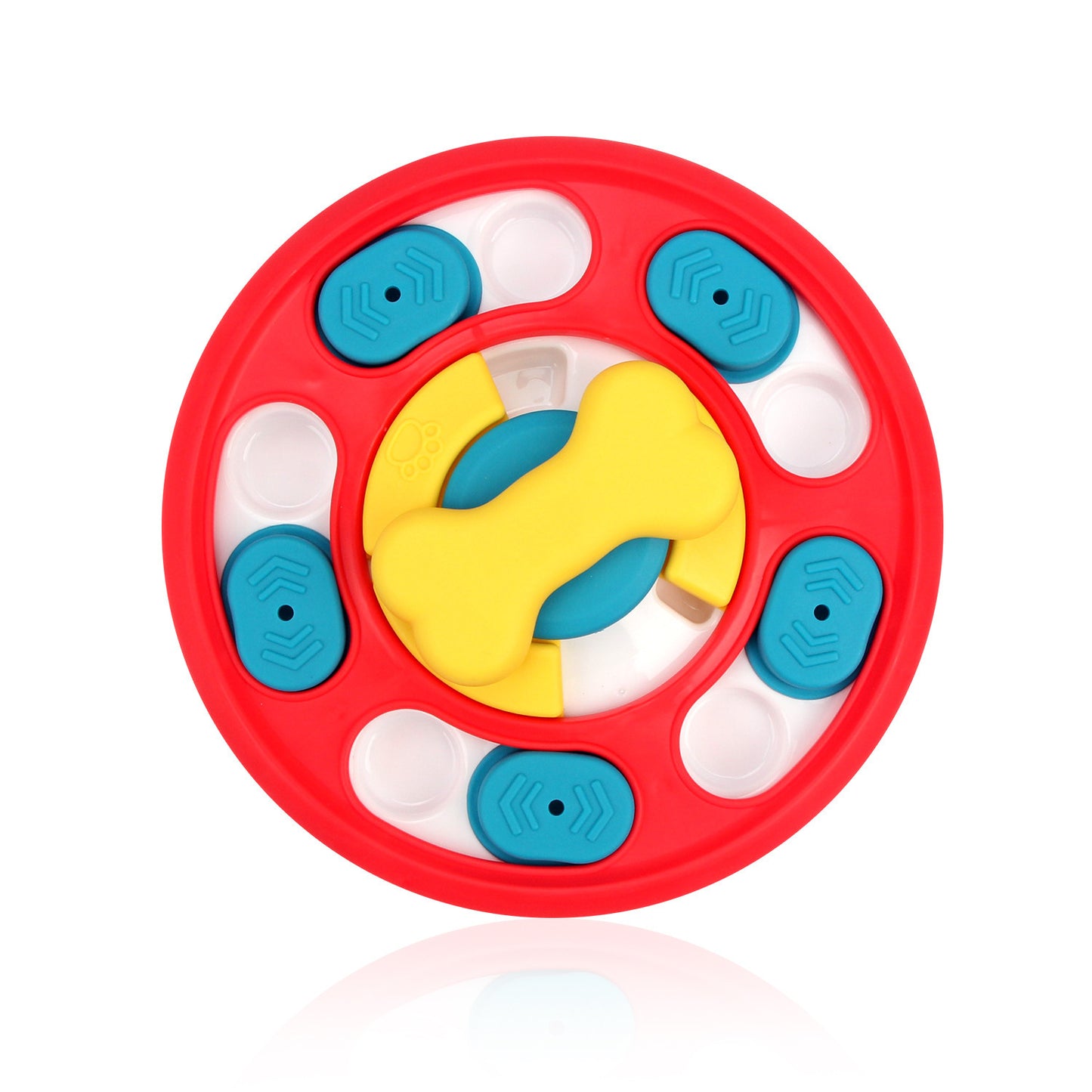 Red bone dog puzzle feeder toy with blue sliders and white treat pockets