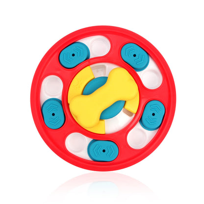 Red bone dog puzzle feeder toy with blue sliders and white treat pockets