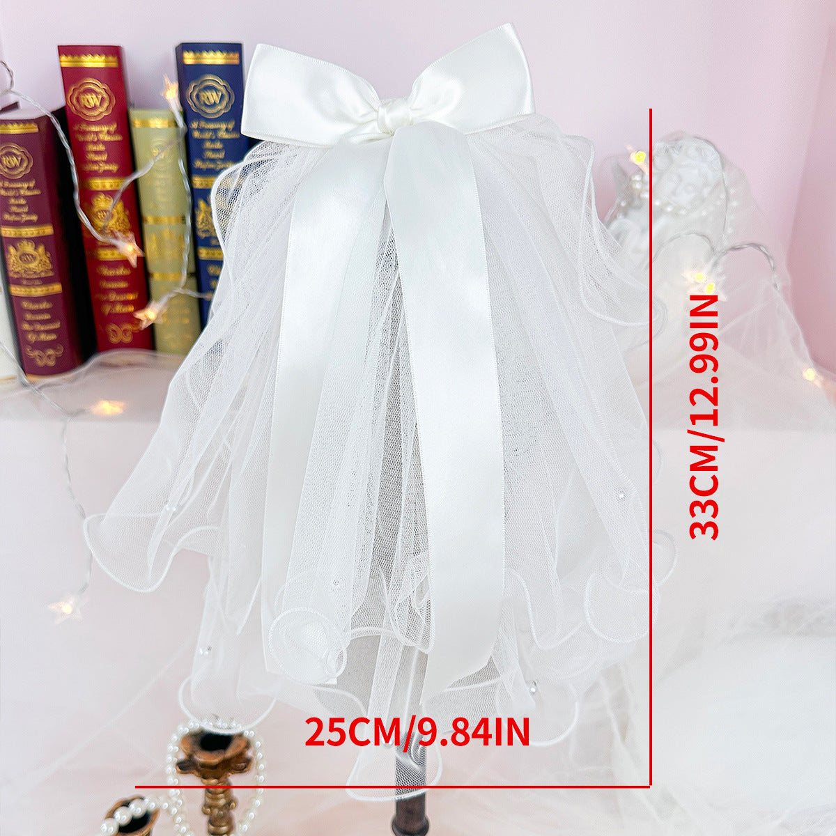 White satin bow pet veil showing approximate dimensions