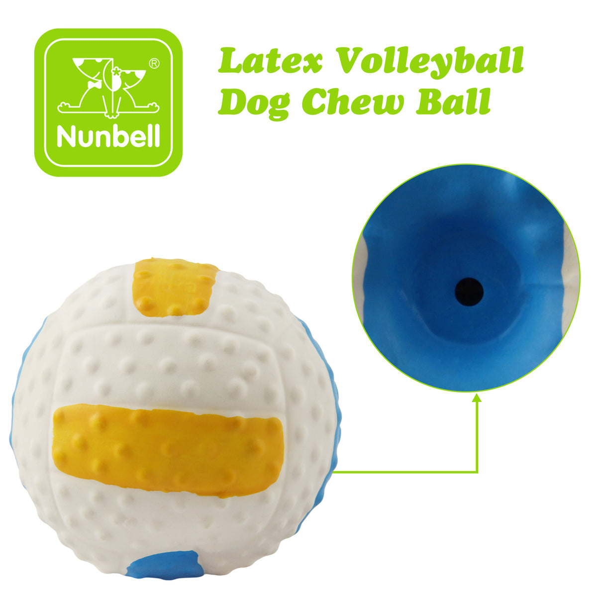White textured latex squeaky volleyball toy with squeaker opening detail