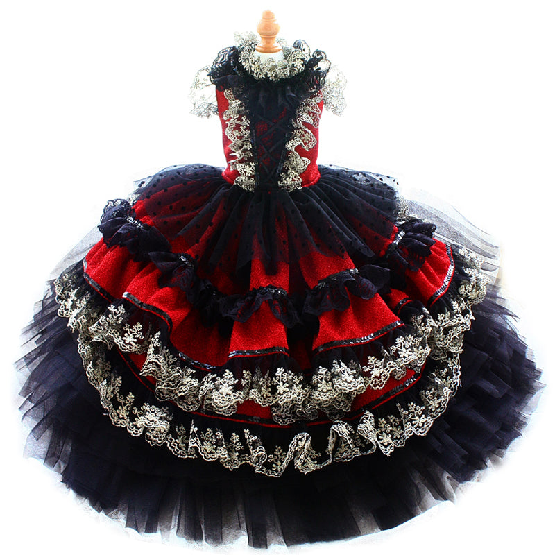 Victorian-Inspired Red and Black Lace Dog Trailing Dress Gothic Pet Gown Clinoline