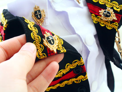 Handcrafted Royal Military Pet Suit Gold Trimmed Dog Outfit Jacket Suit Shirt Two-Piece Prince Uniform Badge