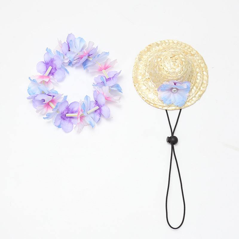 Pastel flower lei and straw pet hat with black adjustable chin cord