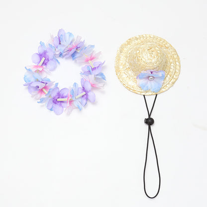 Pastel flower lei and straw pet hat with black adjustable chin cord