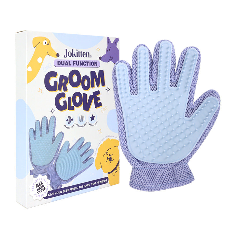Blue dual-sided pet grooming glove with silicone bristle side and product box