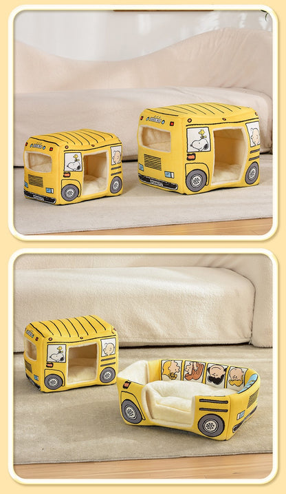 Yellow cartoon bus pet beds shown in two sizes and converted into an open bed
