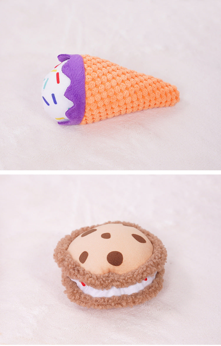 Plush ice cream cone and brown macaron squeaky dog toys