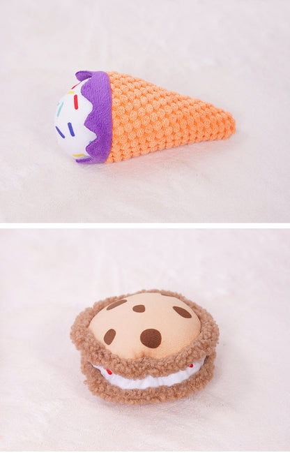 Plush ice cream cone and brown macaron squeaky dog toys
