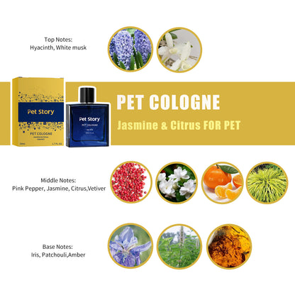 Jasmine and Citrus pet cologne scent chart with Pet Story 50 ml blue bottle, yellow box, and fragrance notes