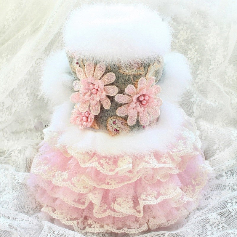 Elegant Floral Wool Dog Coat Dress with Faux Fur and Lace Tulle Skirt Pet Clothes