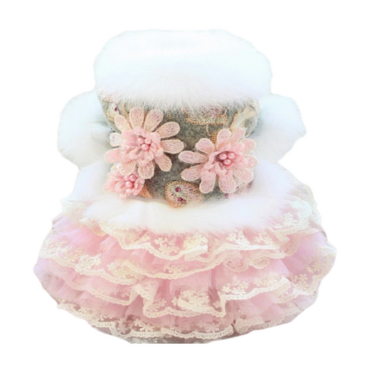 Elegant Floral Wool Dog Coat Dress with Faux Fur and Lace Tulle Skirt Pet Clothes