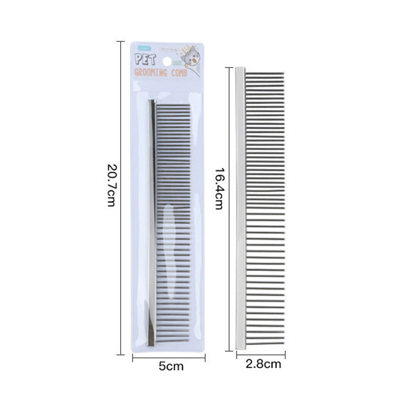 Small stainless steel pet row comb with packaging and measurements