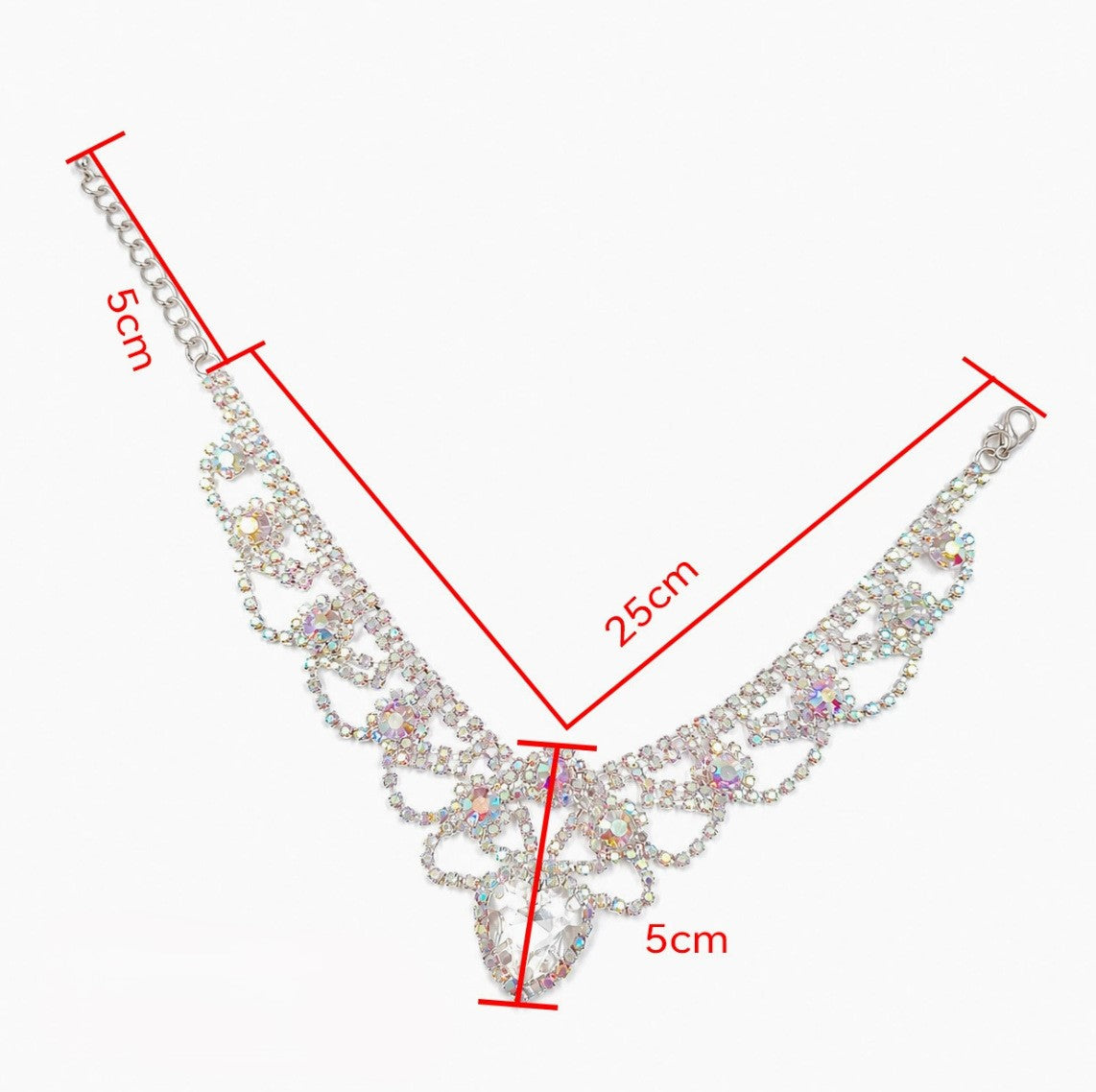 Iridescent heart pet necklace size image showing 25 cm necklace length, 5 cm extender chain, and 5 cm front drop