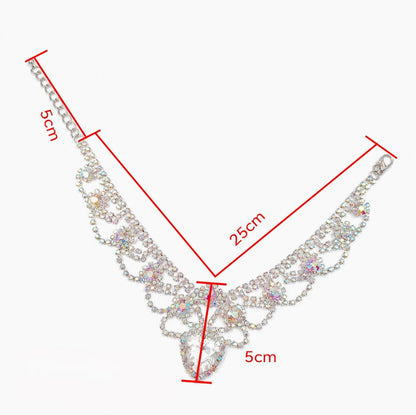 Iridescent heart pet necklace size image showing 25 cm necklace length, 5 cm extender chain, and 5 cm front drop