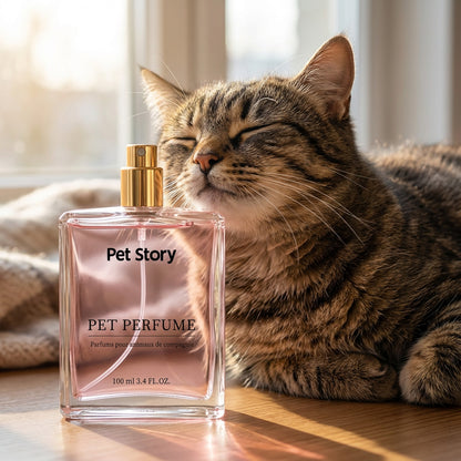 Pink Mist 100 ml pet perfume glass bottle beside relaxed cat near sunny window