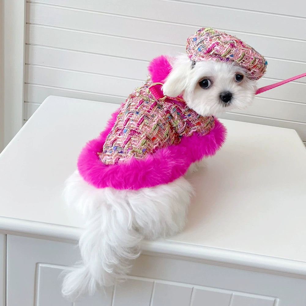 Dog cape+hat+leash sets hot pink tweed