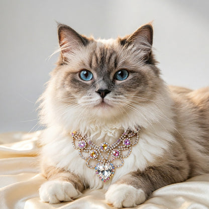 Iridescent heart pet necklace on cat for supervised dog and cat dress-up portraits