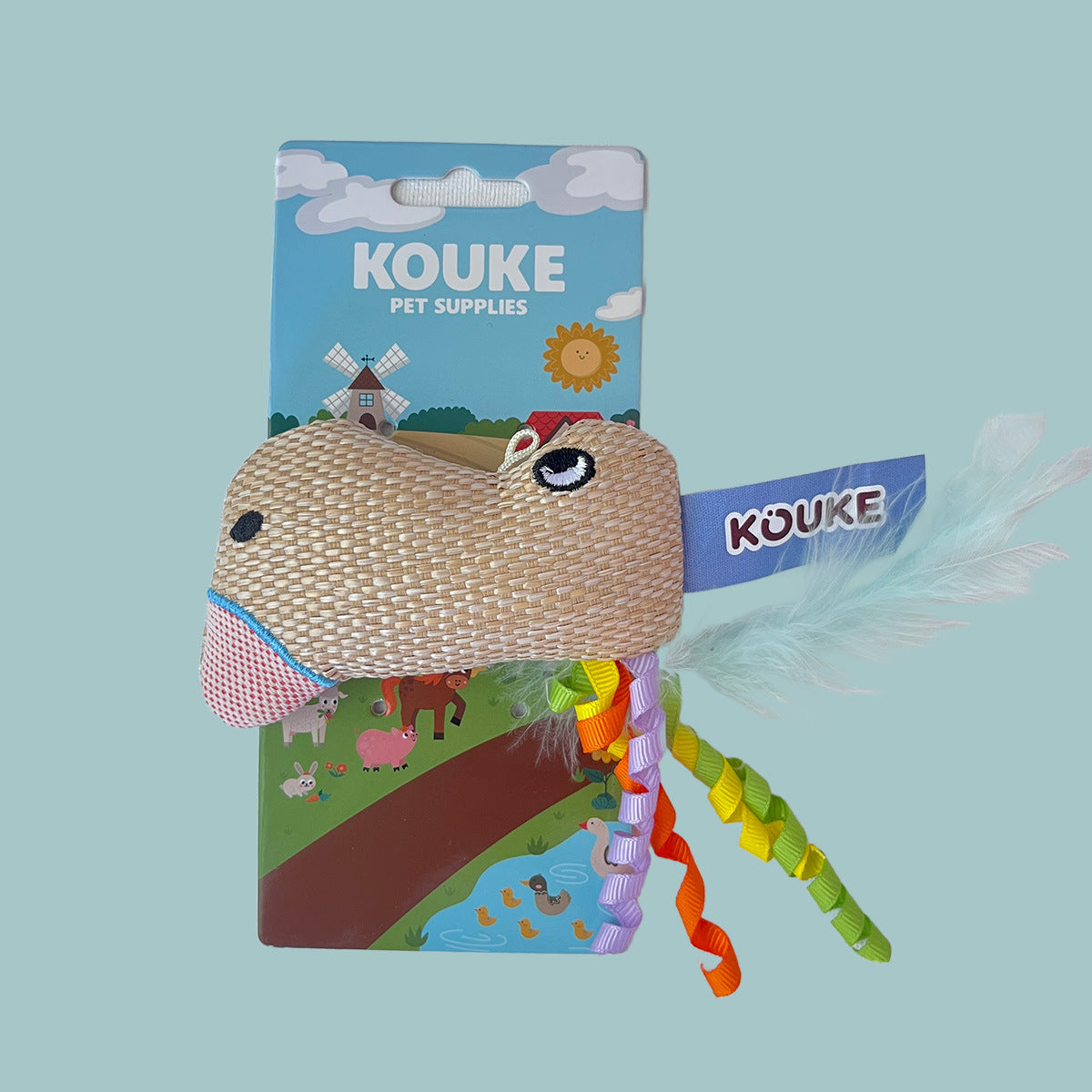 KOUKE woven donkey catnip cat toy with ribbons and pale blue feathers