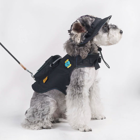 Side view of black dog backpack harness and hat set with leash attachment