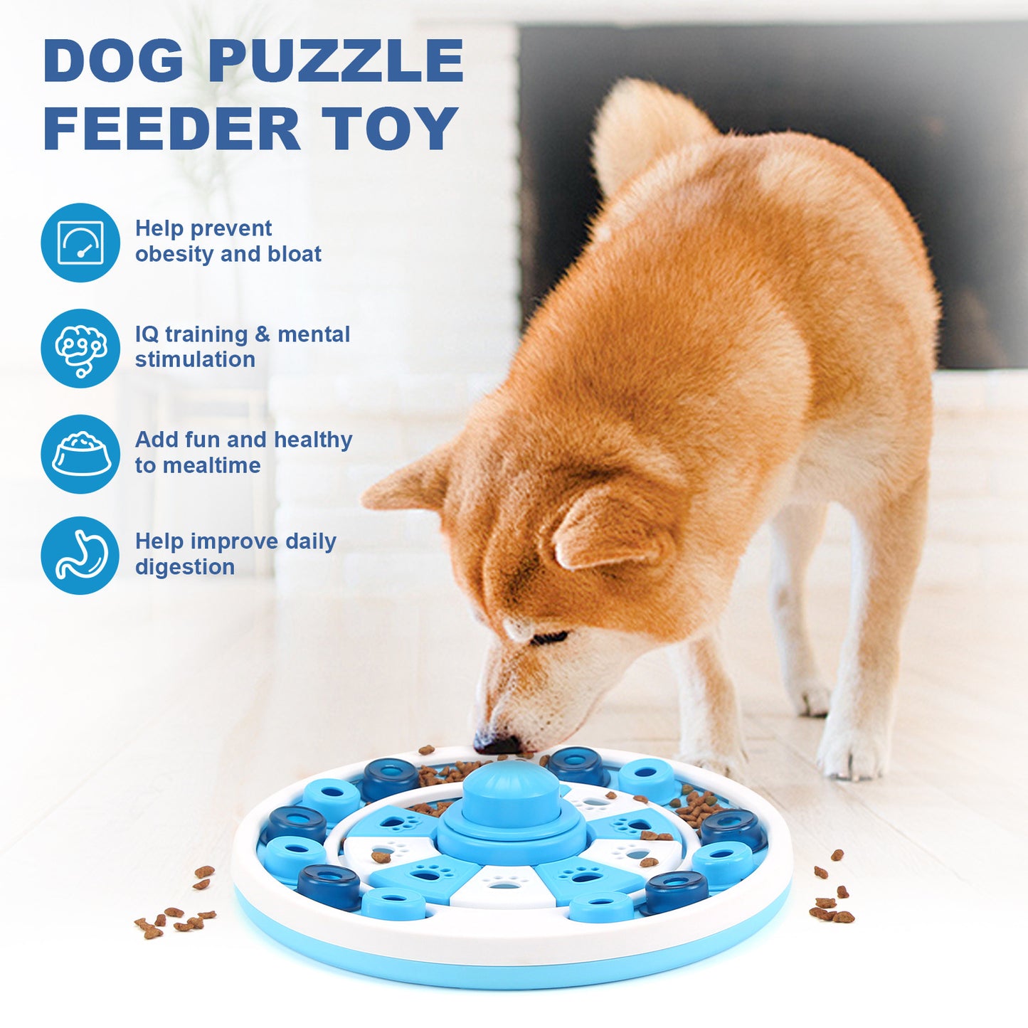 Dog using a blue round puzzle feeder toy with slow-feeding treat compartments