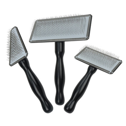 Three black pet slicker brush sizes with metal pins on white background